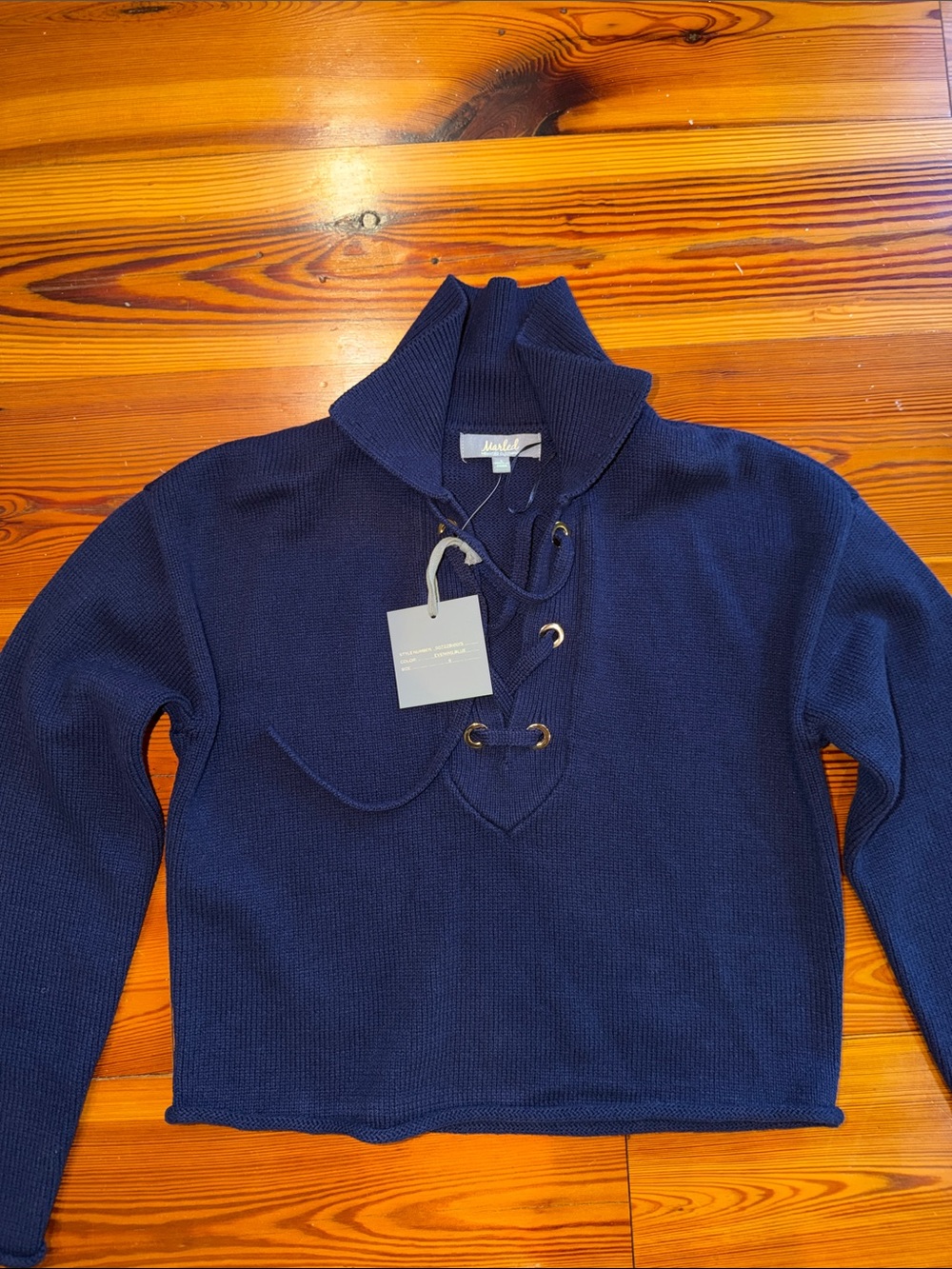 Marled Navy Lace-Up Turtleneck Sweater